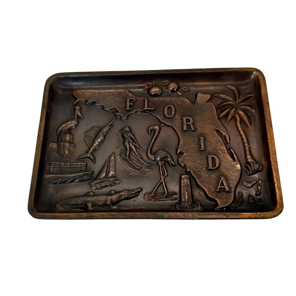 VTG Florida Retro Souvenir Copper Tone Brass Embossed Dish Tray 6x4.5" MCM Japan